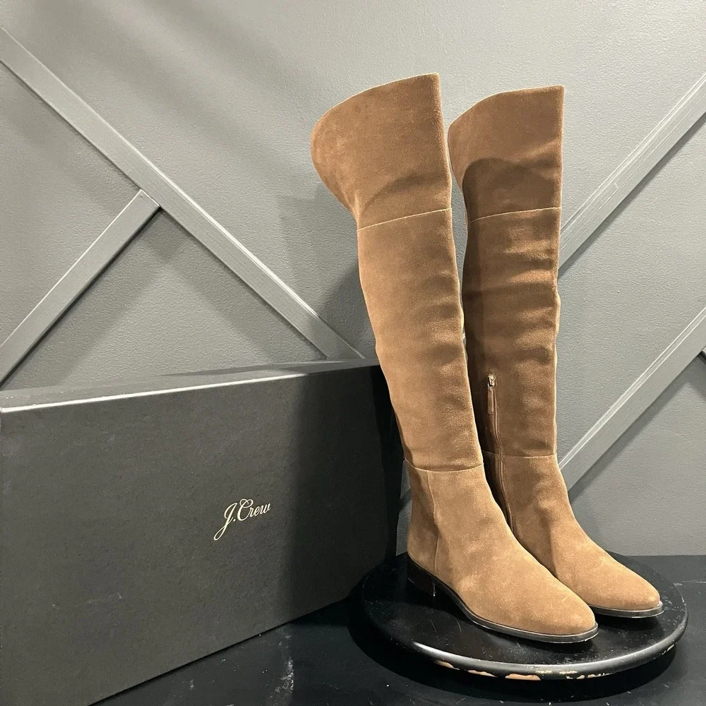 J.Crew Tan Suede Over the Knee Boots Women's Size 10.5 Low Heel Leather Sole